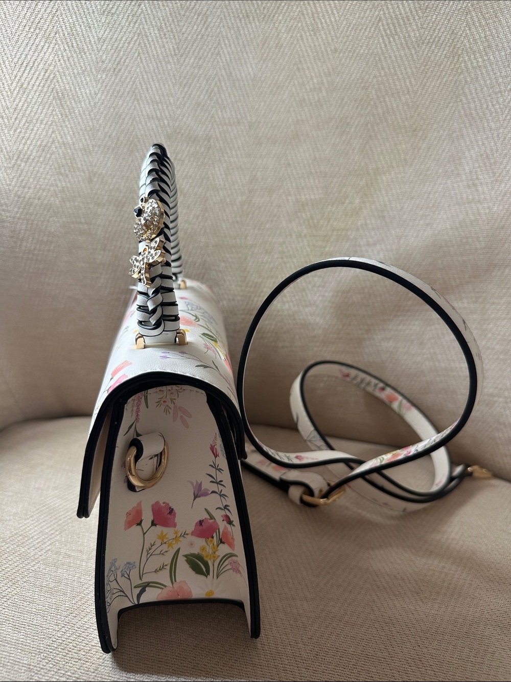 ALDO White Floral Satchel with Striped Wrapped Handle With Butterfly and Bee 🐝 - Picture 6 of 15